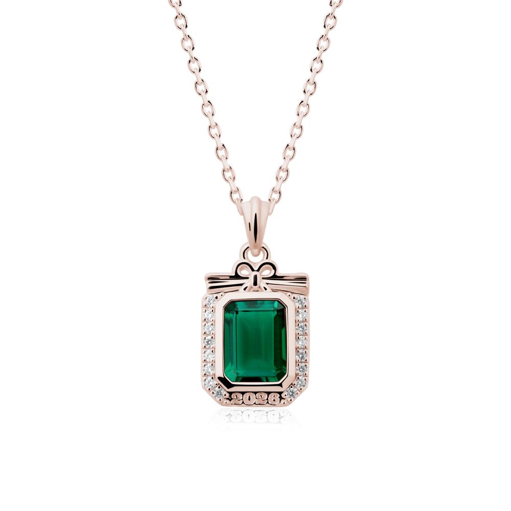 Engravable Year Emerald Halo Pendant Necklace - LUO Jewelry #metal_14k rose gold
