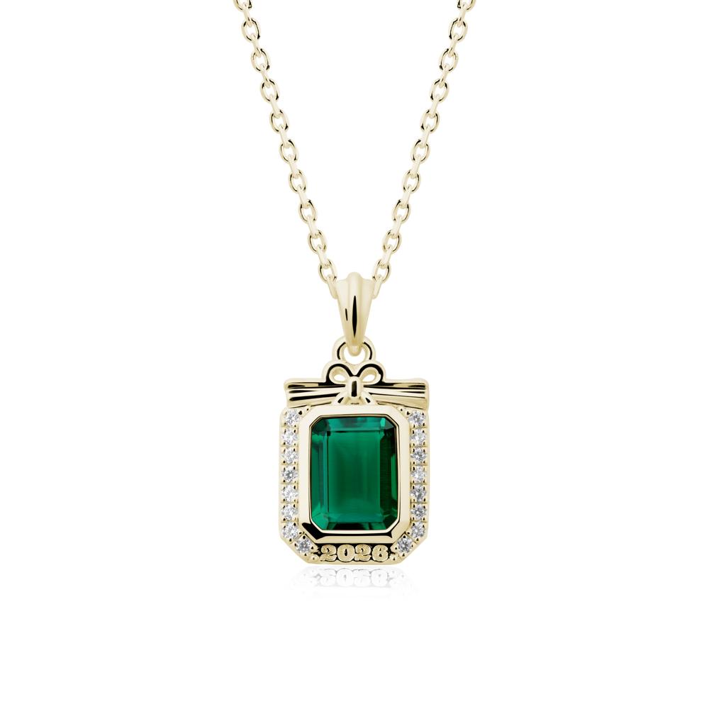 Engravable Year Emerald Halo Pendant Necklace - LUO Jewelry #metal_14k yellow gold