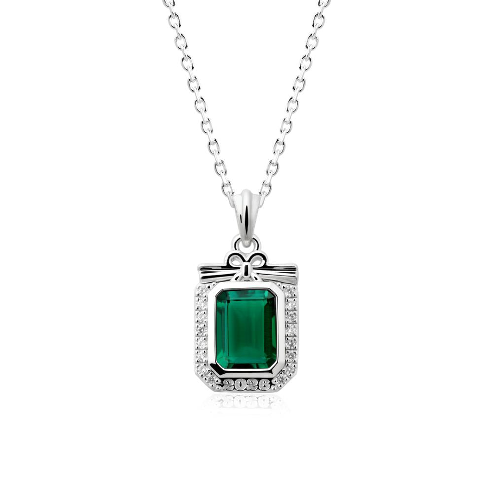 Engravable Year Emerald Halo Pendant Necklace - LUO Jewelry #metal_18k white gold