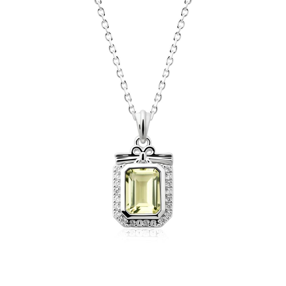 Engravable Year Lemon Quartz Halo Pendant Necklace - LUO Jewelry #metal_14k white gold