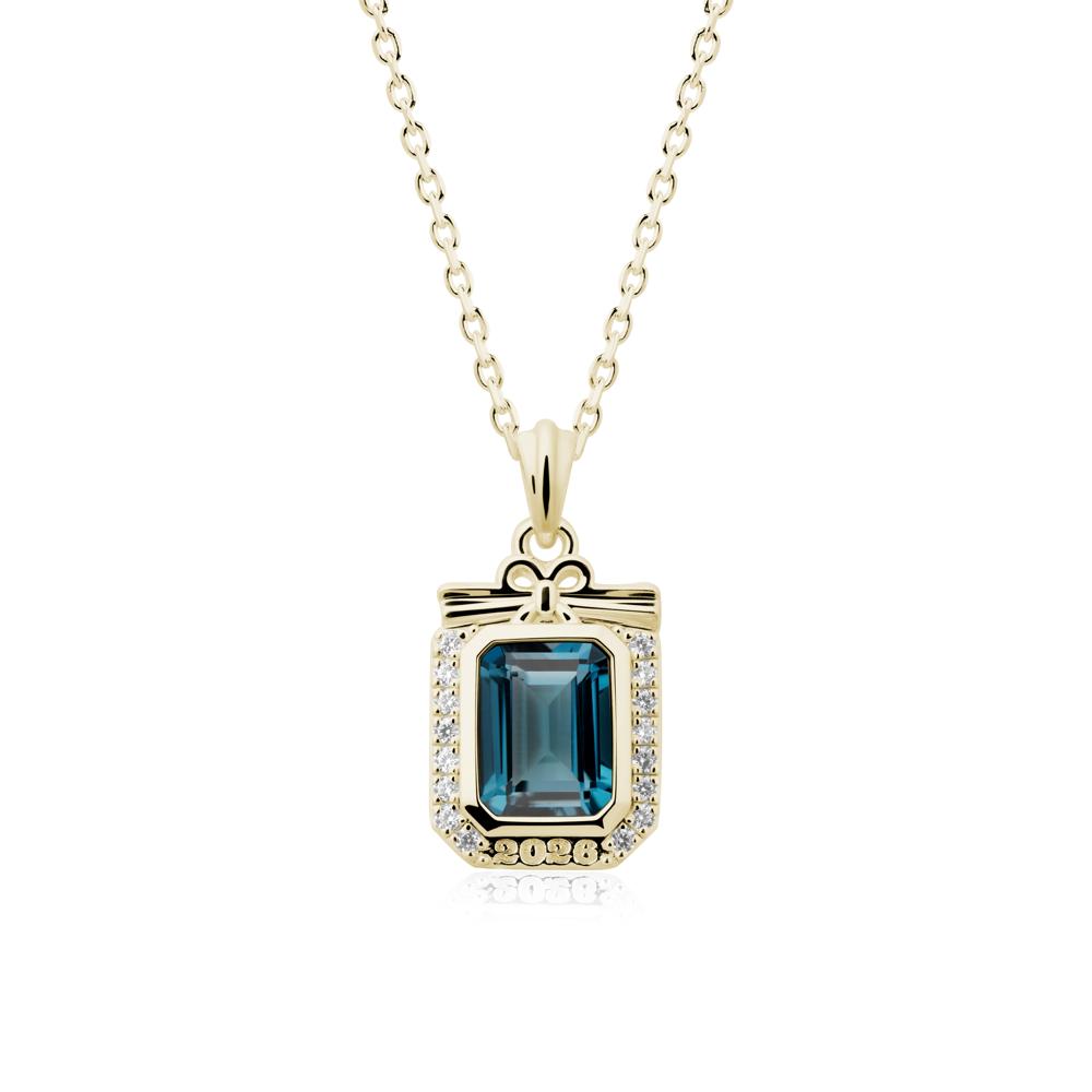 Personalized Graduation London Blue Topaz Halo Necklace - LUO Jewelry #metal_14k yellow gold
