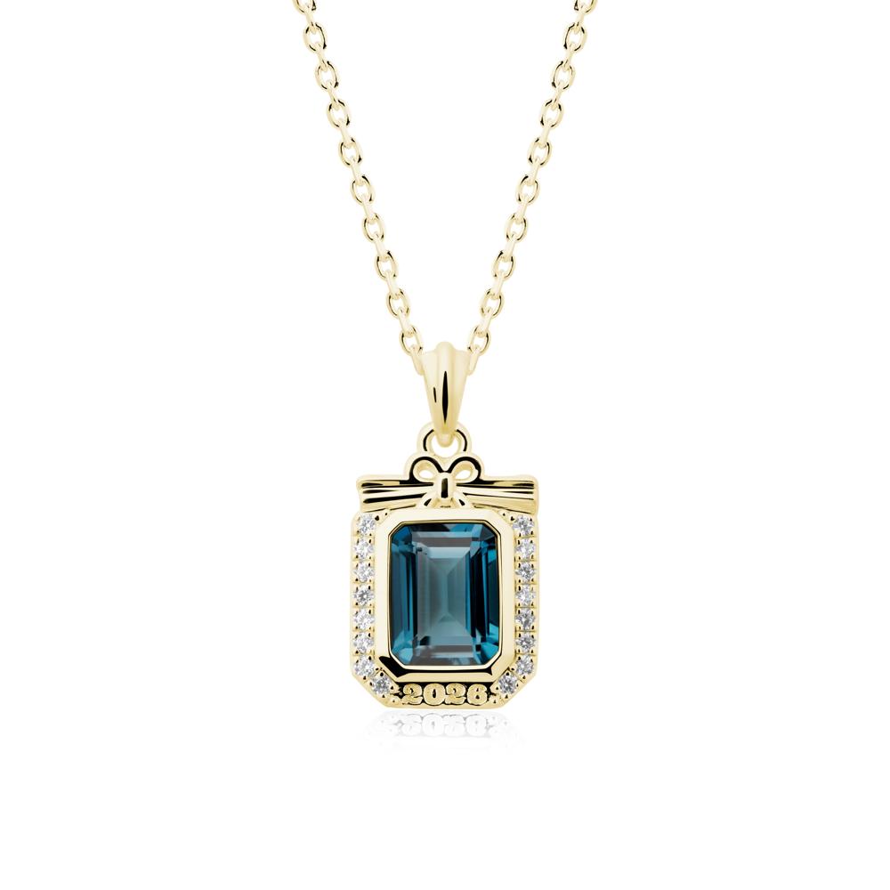 Personalized Graduation London Blue Topaz Halo Necklace - LUO Jewelry #metal_18k yellow gold