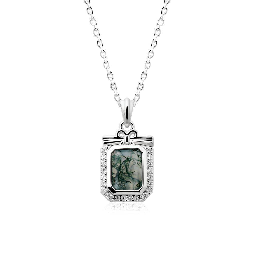 Custom Year Emerald Cut Moss Agate Necklace - LUO Jewelry #metal_18k white gold