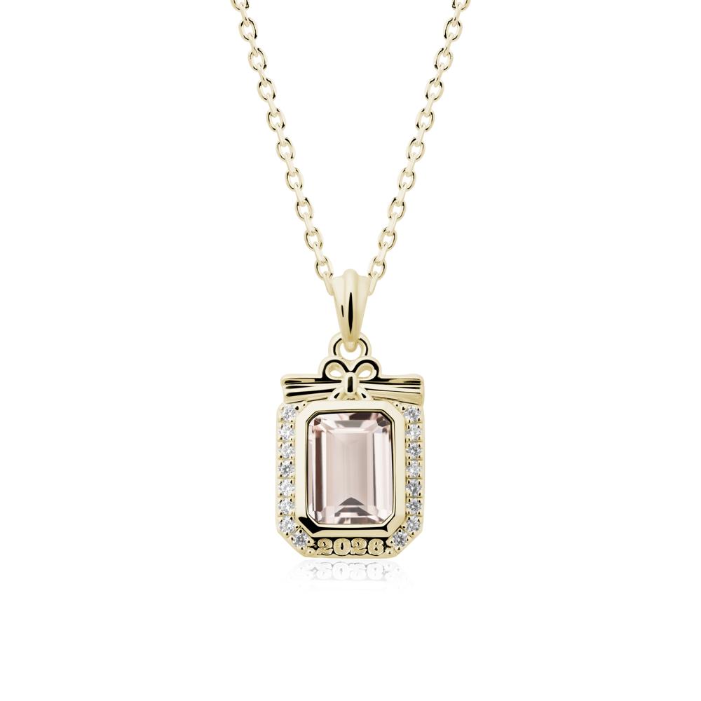Engravable Year Morganite Halo Pendant Necklace - LUO Jewelry #metal_14k yellow gold