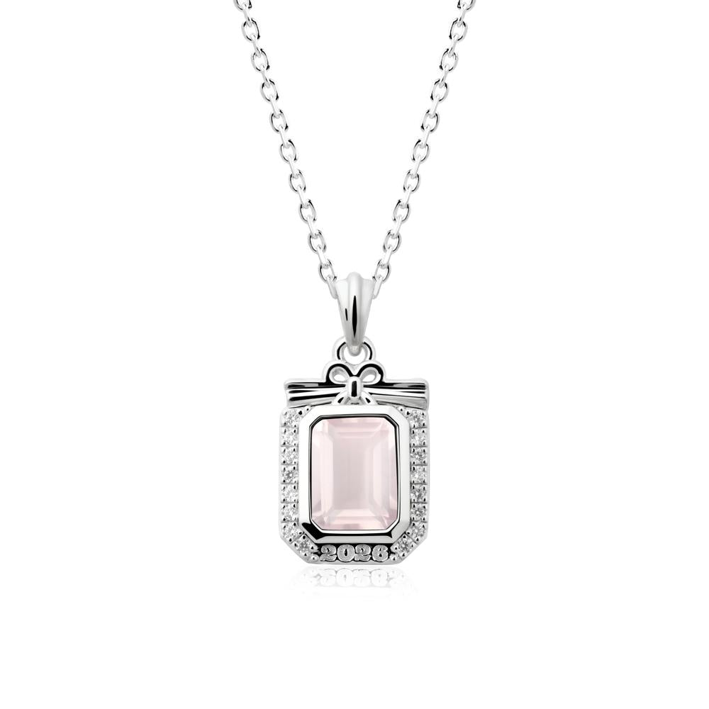 Custom Year Emerald Cut Rose Quartz Necklace - LUO Jewelry #metal_14k white gold