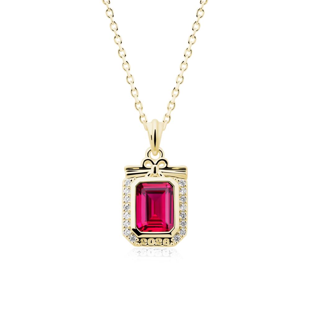 Engravable Year Ruby Halo Pendant Necklace - LUO Jewelry #metal_18k yellow gold