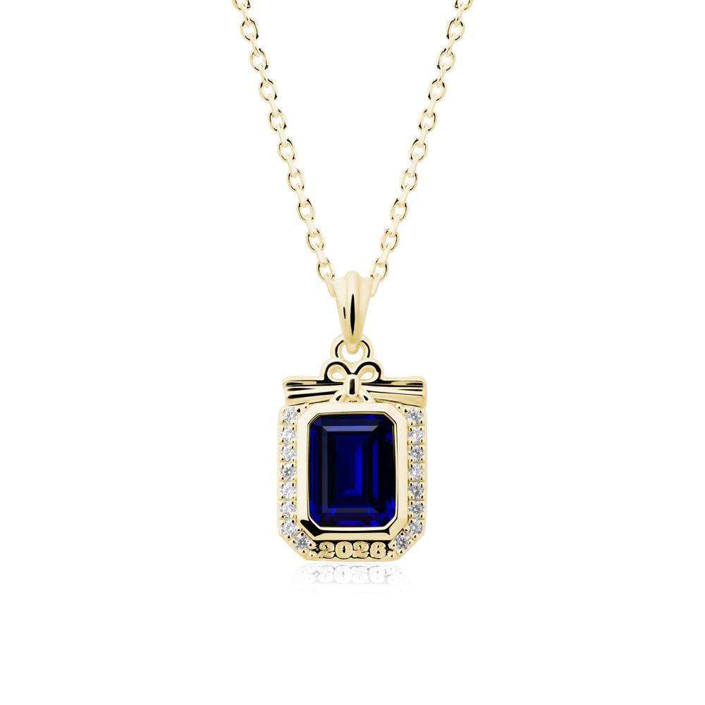 Personalized Graduation Sapphire Halo Necklace - LUO Jewelry #metal_18k yellow gold