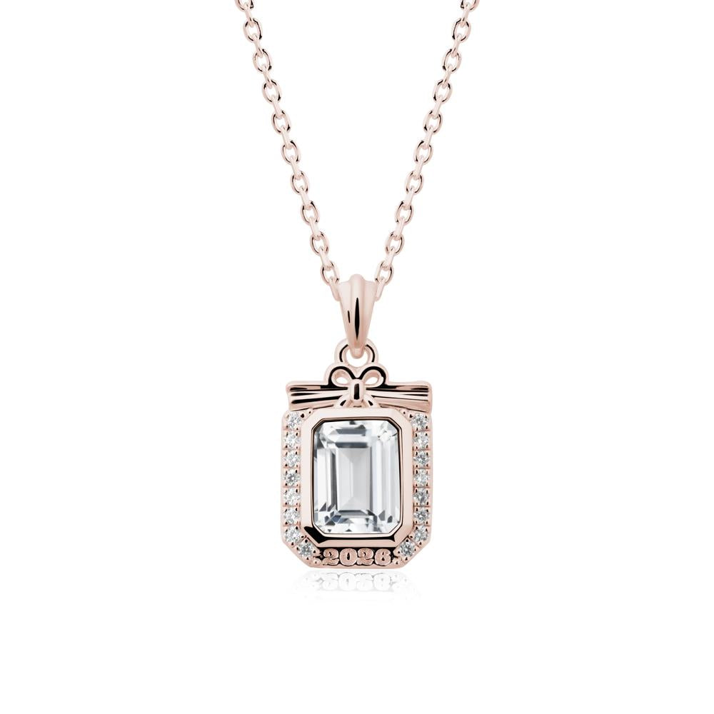 Engravable Year White Topaz Halo Pendant Necklace - LUO Jewelry #metal_14k rose gold