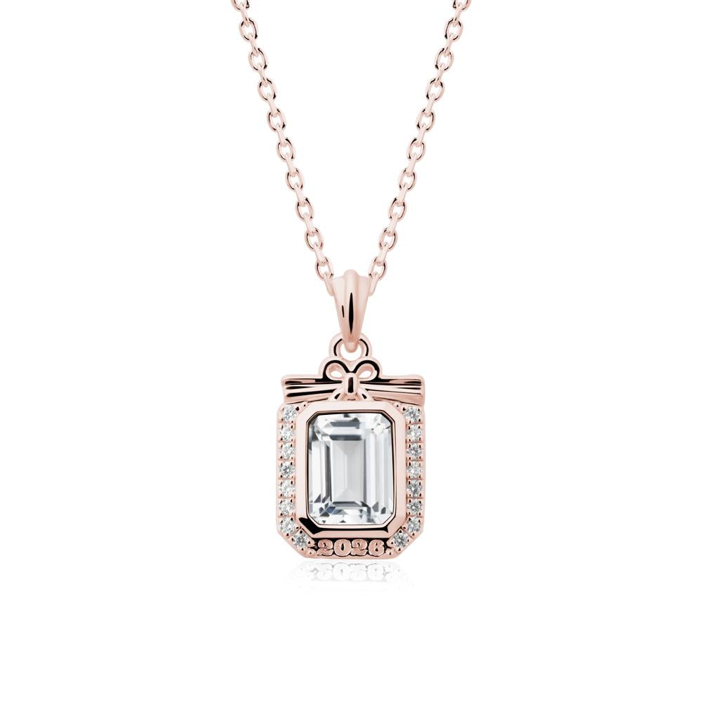 Engravable Year White Topaz Halo Pendant Necklace - LUO Jewelry #metal_18k rose gold