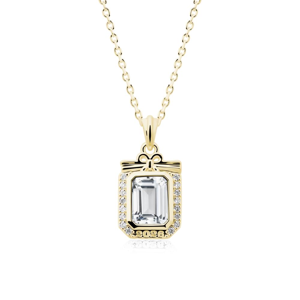 Engravable Year White Topaz Halo Pendant Necklace - LUO Jewelry #metal_18k yellow gold