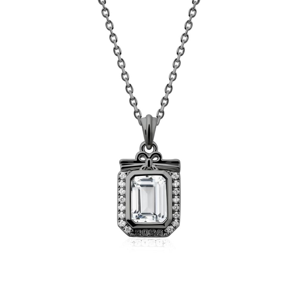 Engravable Year White Topaz Halo Pendant Necklace - LUO Jewelry #metal_black finish sterling silver