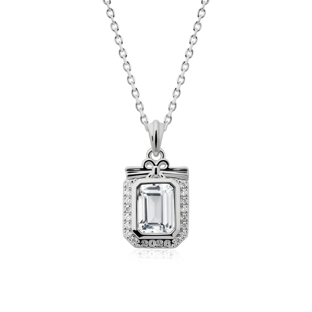 Engravable Year White Topaz Halo Pendant Necklace - LUO Jewelry #metal_platinum