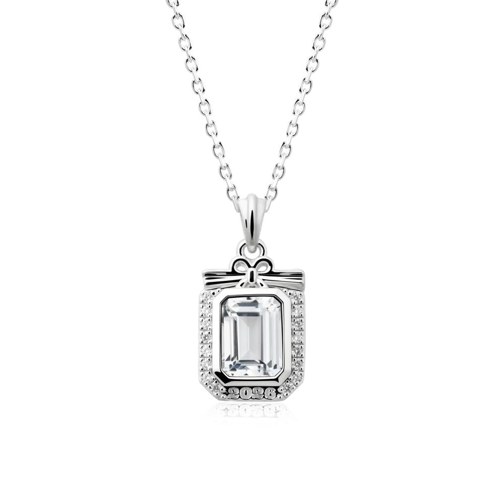 Engravable Year White Topaz Halo Pendant Necklace - LUO Jewelry #metal_sterling silver