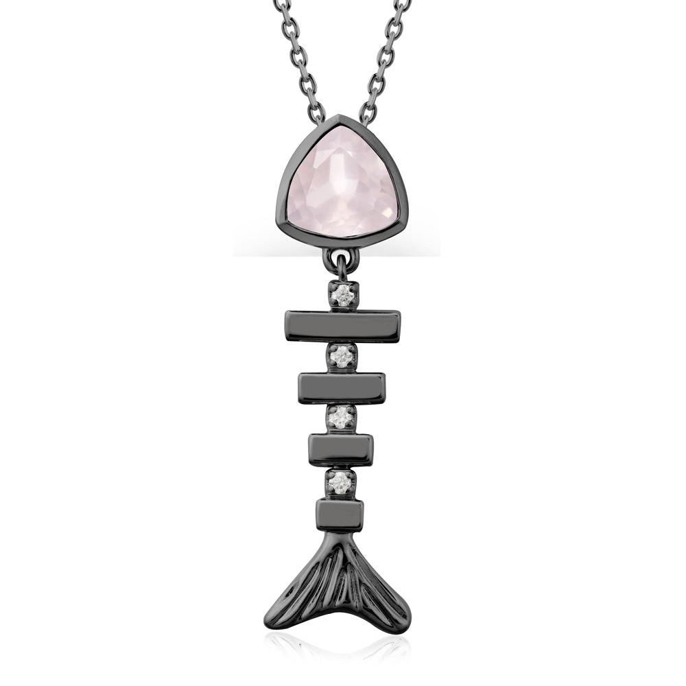 Bezel Trillion Cut Rose Quartz Fishbone Necklace - LUO Jewelry #metal_black finish sterling silver