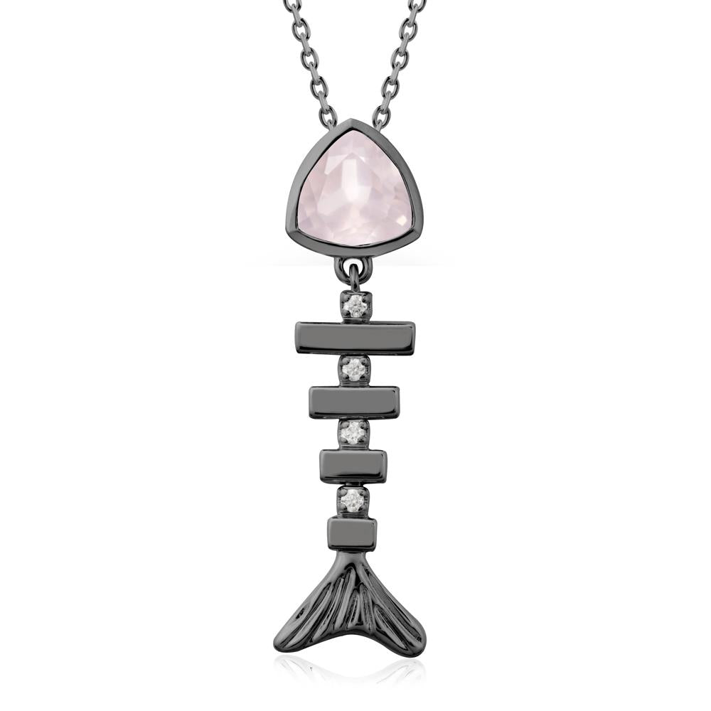 Bezel Trillion Cut Rose Quartz Fishbone Necklace - LUO Jewelry #metal_black finish sterling silver