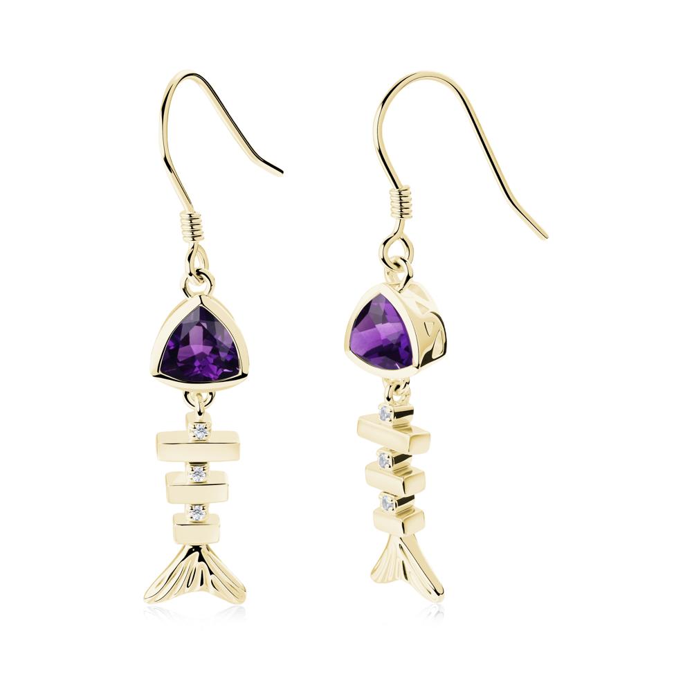 Bezel Trillion Cut Amethyst Fishbone Dangle Earrings - LUO Jewelry #metal_18k yellow gold