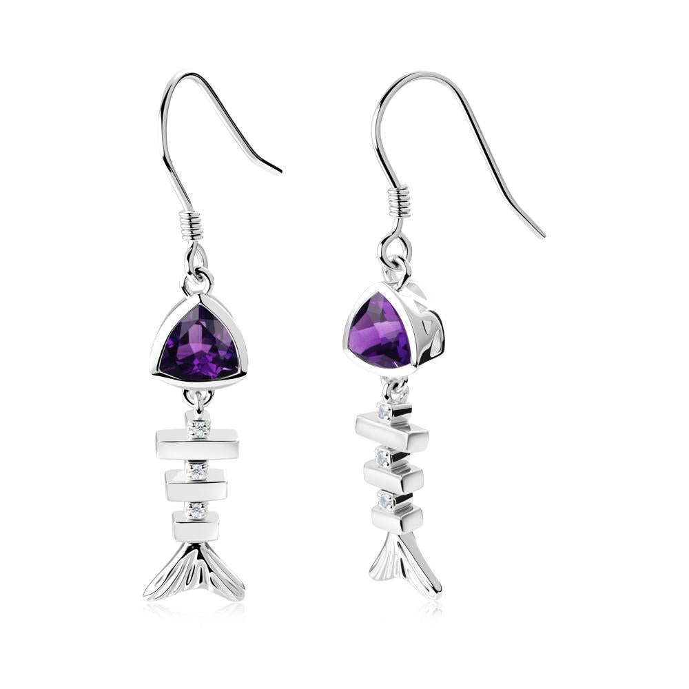 Bezel Trillion Cut Amethyst Fishbone Dangle Earrings - LUO Jewelry #metal_sterling silver