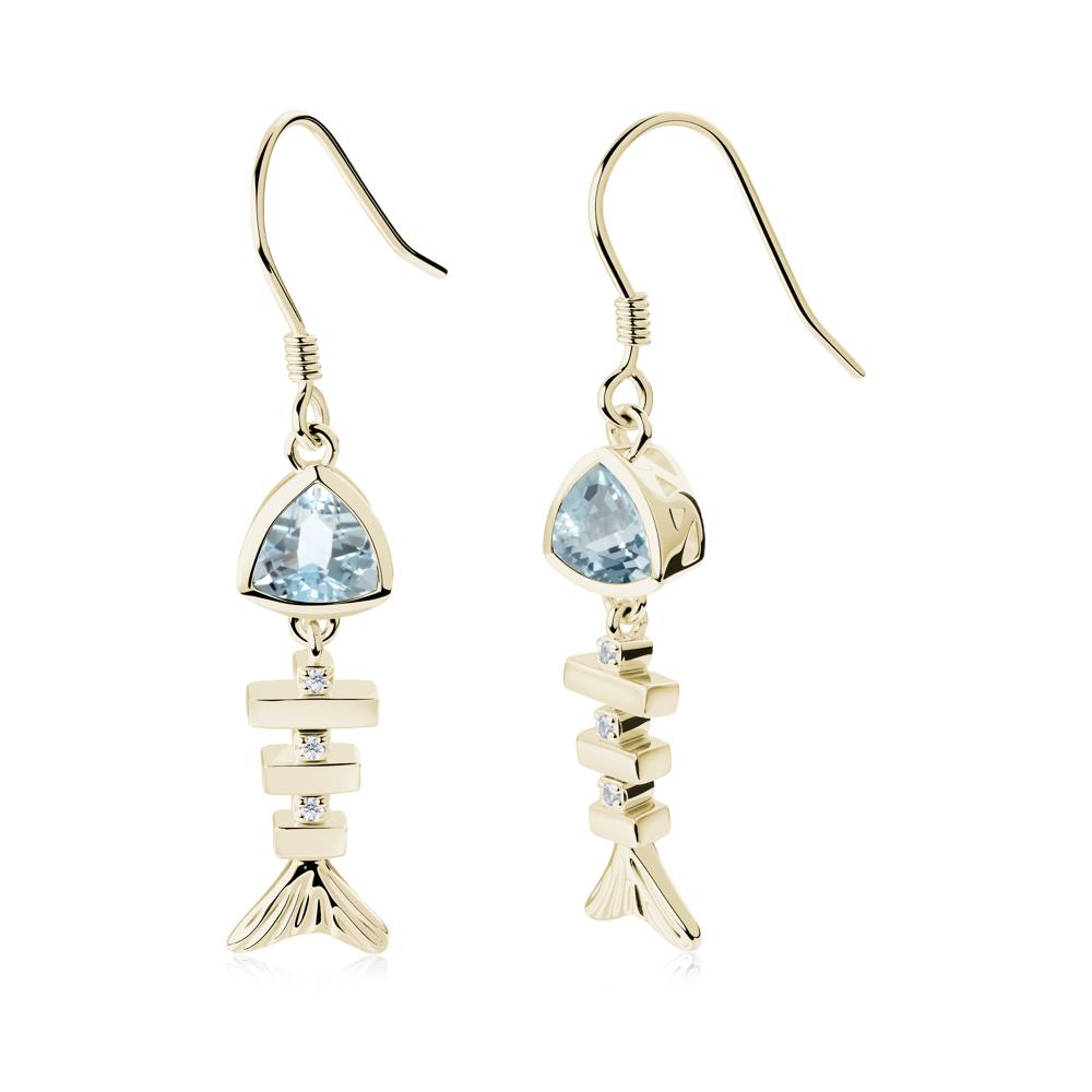 Movable Fishbone Aquamarine Fish Hook Earrings - LUO Jewelry #metal_14k yellow gold
