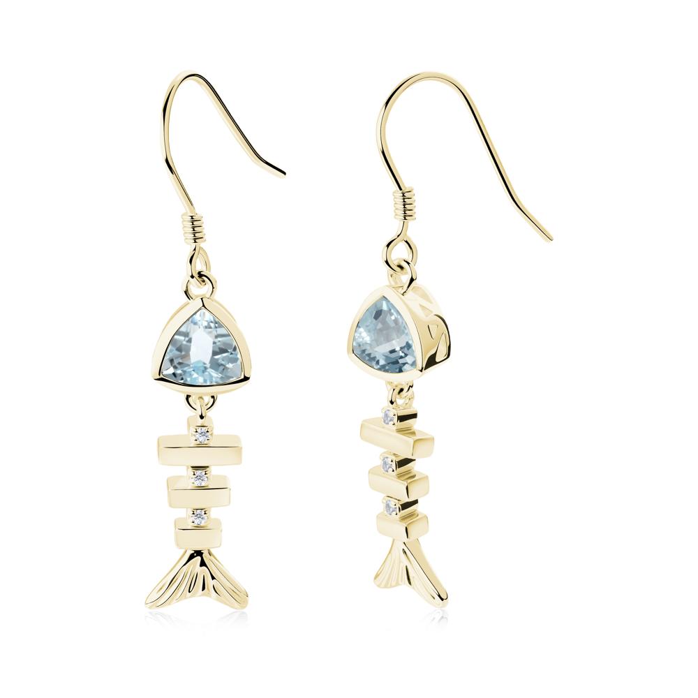 Movable Fishbone Aquamarine Fish Hook Earrings - LUO Jewelry #metal_18k yellow gold