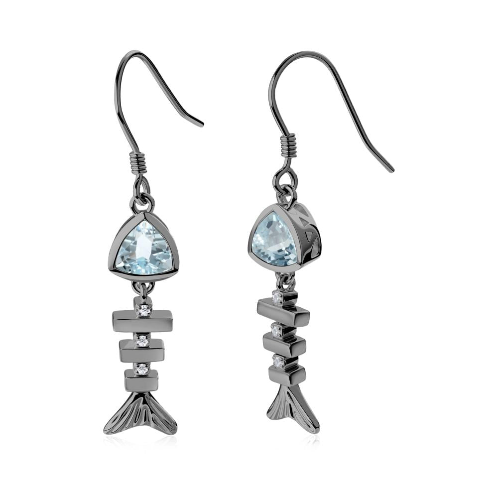 Movable Fishbone Aquamarine Fish Hook Earrings - LUO Jewelry #metal_black finish sterling silver