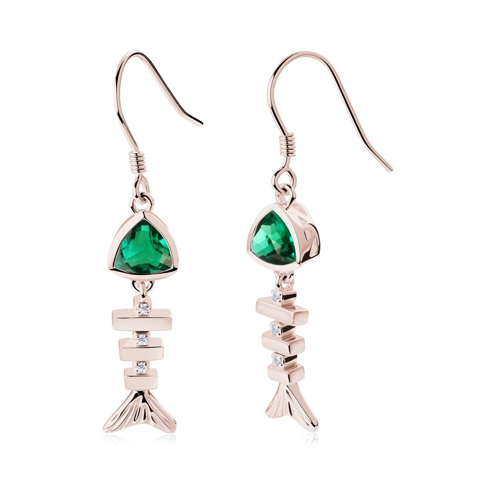 Bezel Trillion Cut Emerald Fishbone Dangle Earrings - LUO Jewelry #metal_14k rose gold