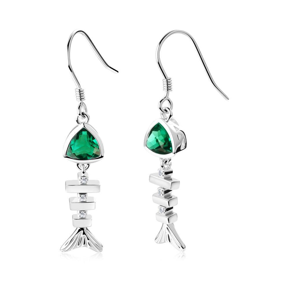 Bezel Trillion Cut Emerald Fishbone Dangle Earrings - LUO Jewelry #metal_14k white gold
