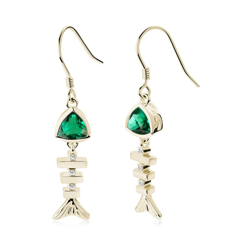 Bezel Trillion Cut Emerald Fishbone Dangle Earrings - LUO Jewelry #metal_14k yellow gold