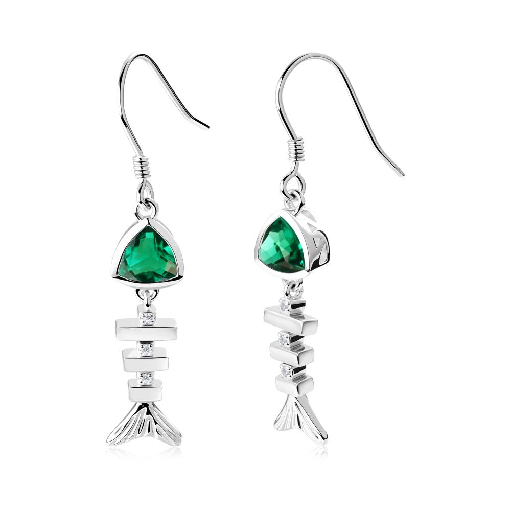 Bezel Trillion Cut Emerald Fishbone Dangle Earrings - LUO Jewelry #metal_18k white gold