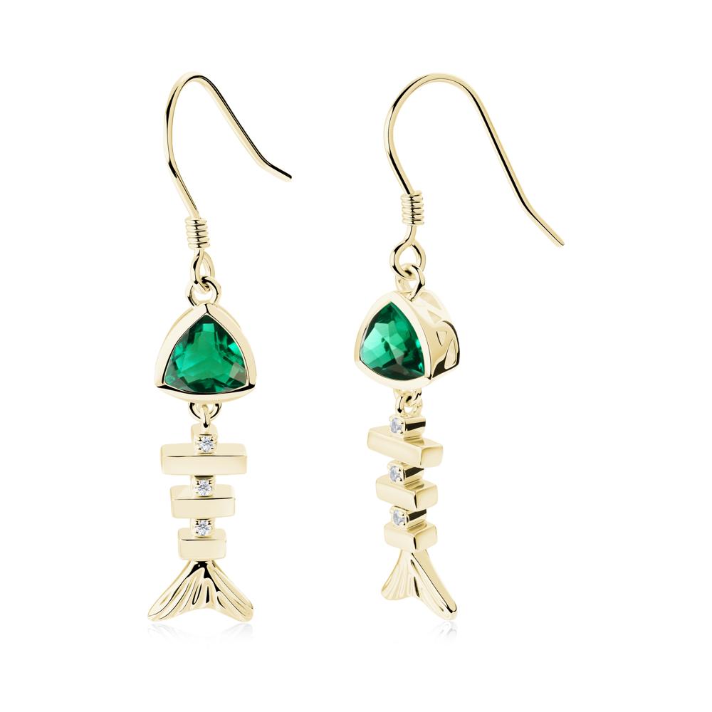 Bezel Trillion Cut Emerald Fishbone Dangle Earrings - LUO Jewelry #metal_18k yellow gold