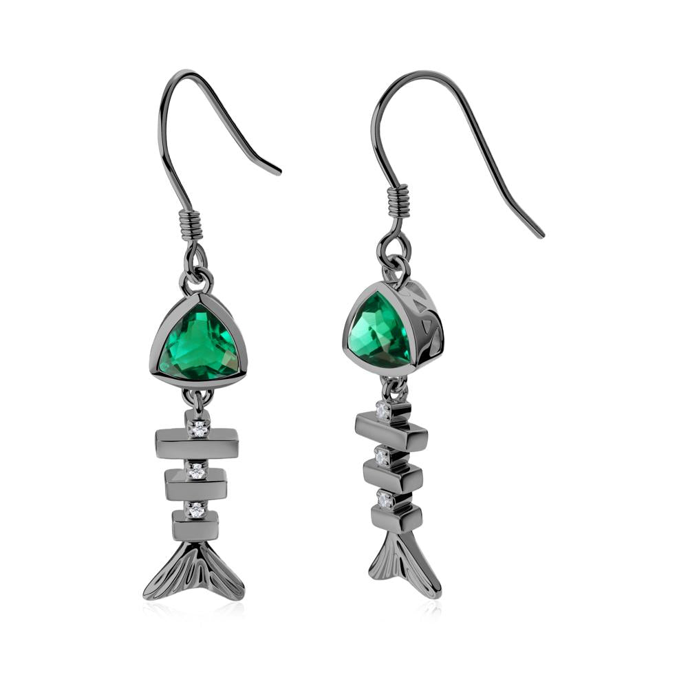 Bezel Trillion Cut Emerald Fishbone Dangle Earrings - LUO Jewelry #metal_black finish sterling silver