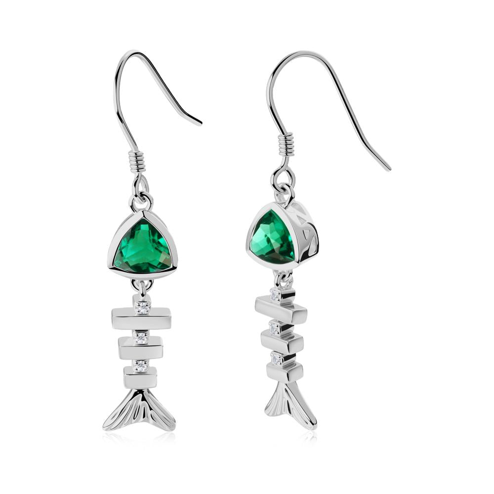 Bezel Trillion Cut Emerald Fishbone Dangle Earrings - LUO Jewelry #metal_platinum