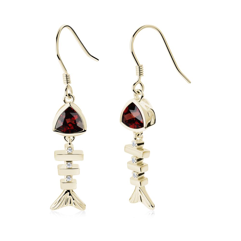 Movable Fishbone Garnet Fish Hook Earrings - LUO Jewelry #metal_14k yellow gold