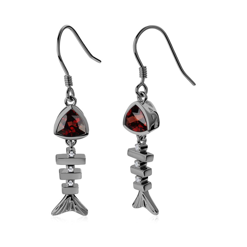 Movable Fishbone Garnet Fish Hook Earrings - LUO Jewelry #metal_black finish sterling silver