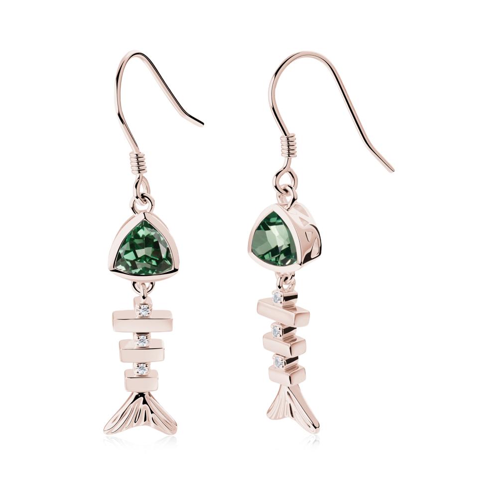Bezel Trillion Cut Green Sapphire Fishbone Dangle Earrings - LUO Jewelry #metal_14k rose gold