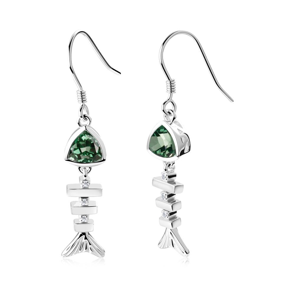 Bezel Trillion Cut Green Sapphire Fishbone Dangle Earrings - LUO Jewelry #metal_18k white gold