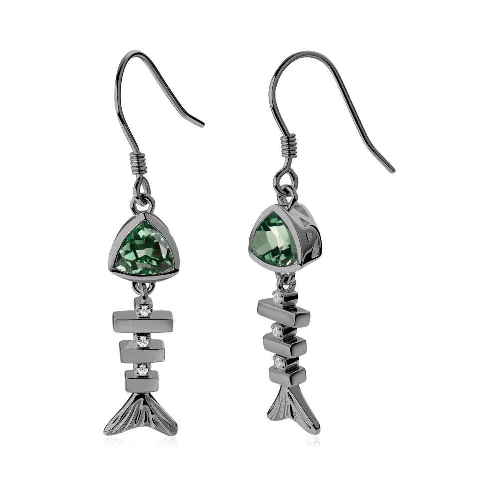 Bezel Trillion Cut Green Sapphire Fishbone Dangle Earrings - LUO Jewelry #metal_black finish sterling silver