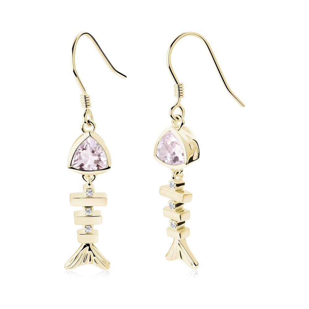 Bezel Trillion Cut Morganite Fishbone Dangle Earrings - LUO Jewelry #metal_18k yellow gold