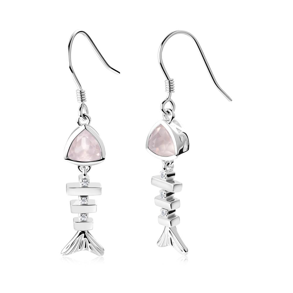 Movable Fishbone Rose Quartz Fish Hook Earrings - LUO Jewelry #metal_14k white gold