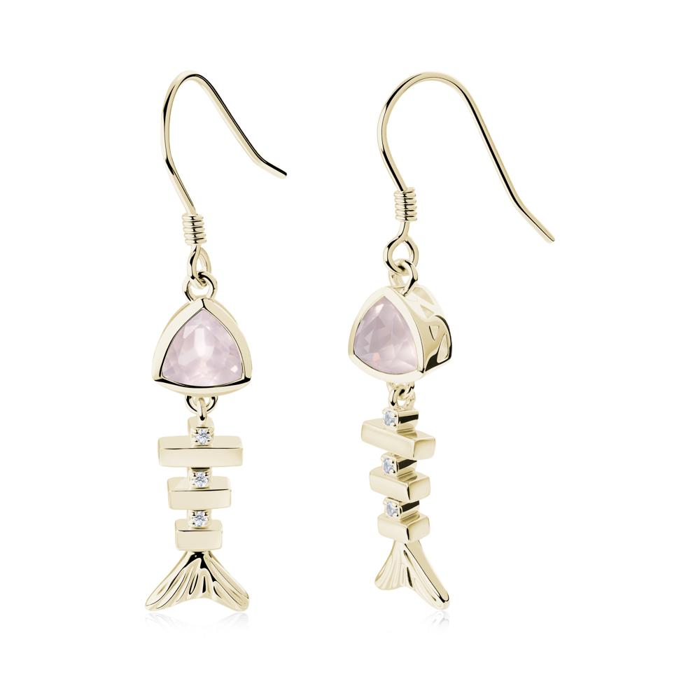 Movable Fishbone Rose Quartz Fish Hook Earrings - LUO Jewelry #metal_14k yellow gold