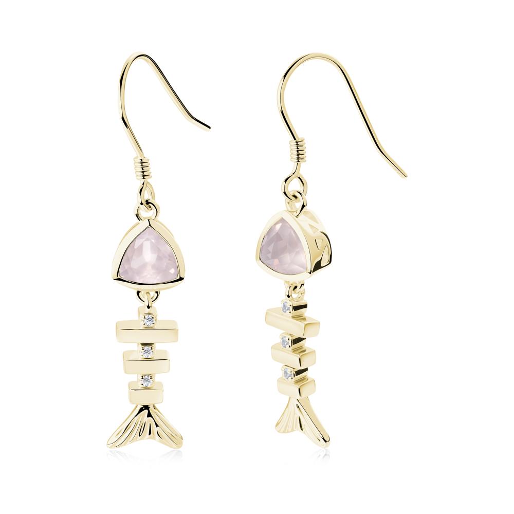 Movable Fishbone Rose Quartz Fish Hook Earrings - LUO Jewelry #metal_18k yellow gold