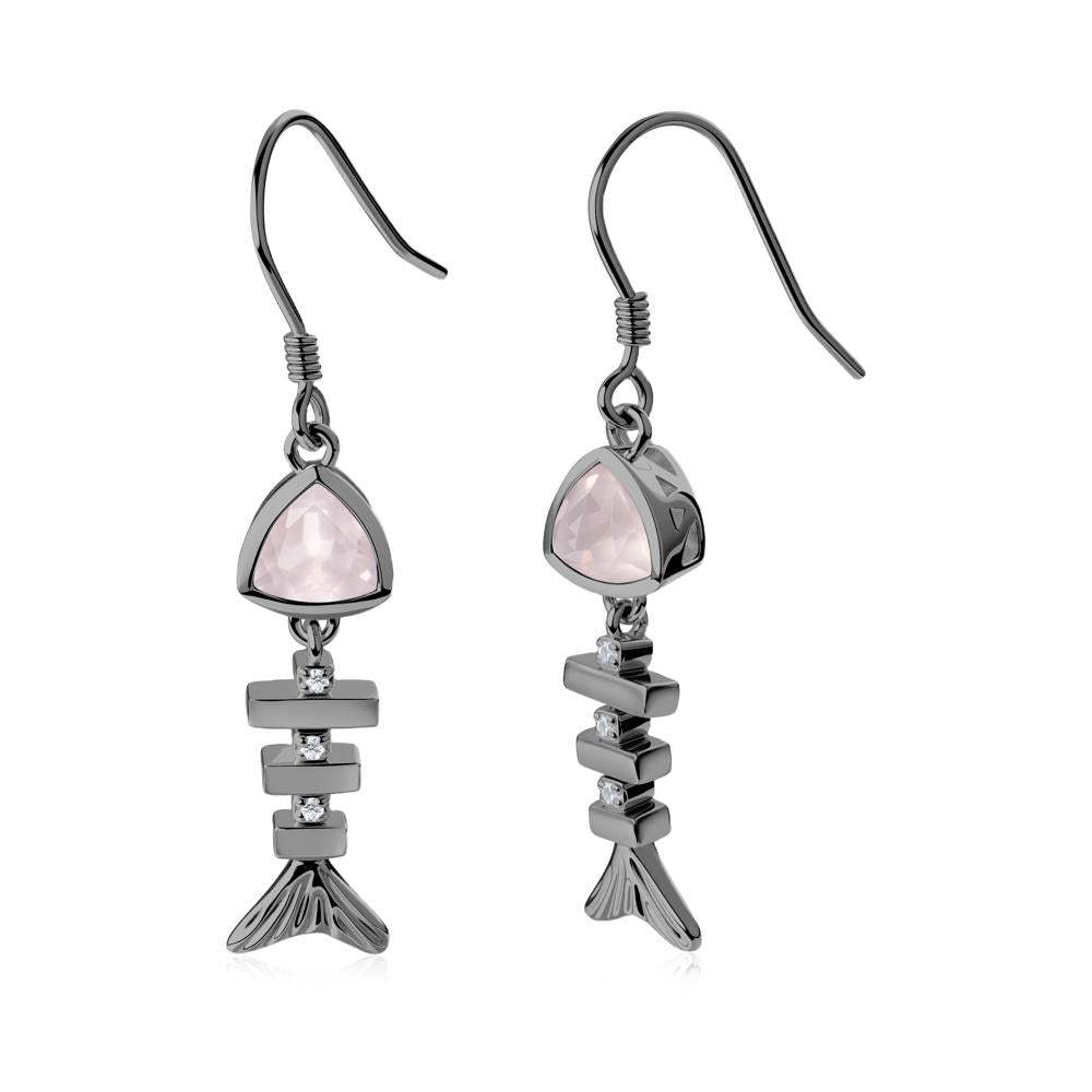 Movable Fishbone Rose Quartz Fish Hook Earrings - LUO Jewelry #metal_black finish sterling silver