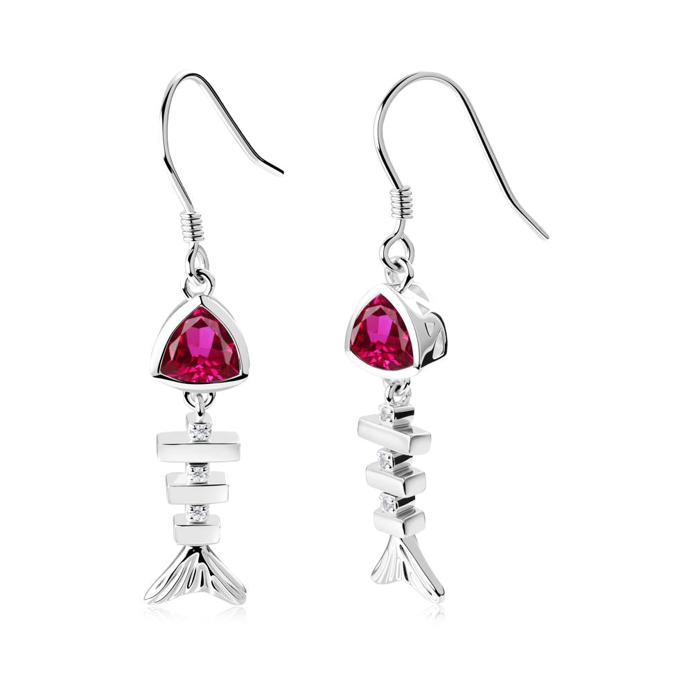 Movable Fishbone Ruby Fish Hook Earrings - LUO Jewelry #metal_14k white gold