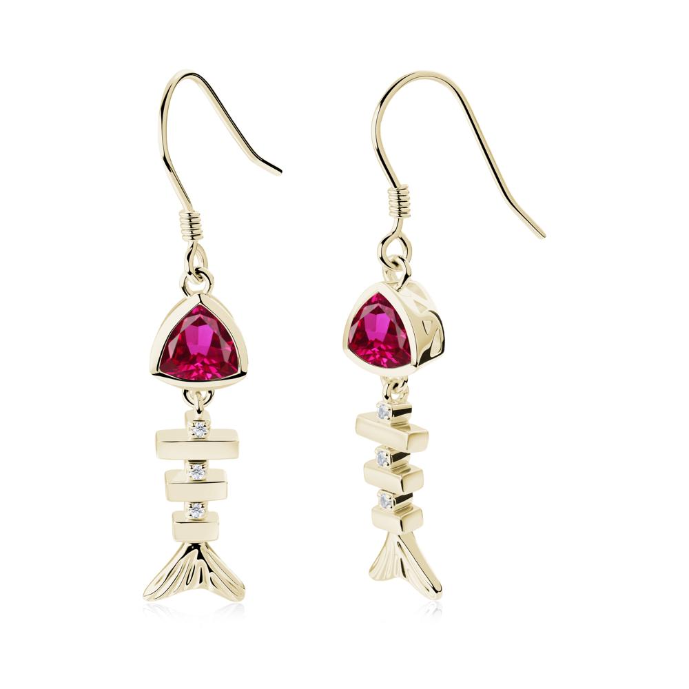 Movable Fishbone Ruby Fish Hook Earrings - LUO Jewelry #metal_14k yellow gold