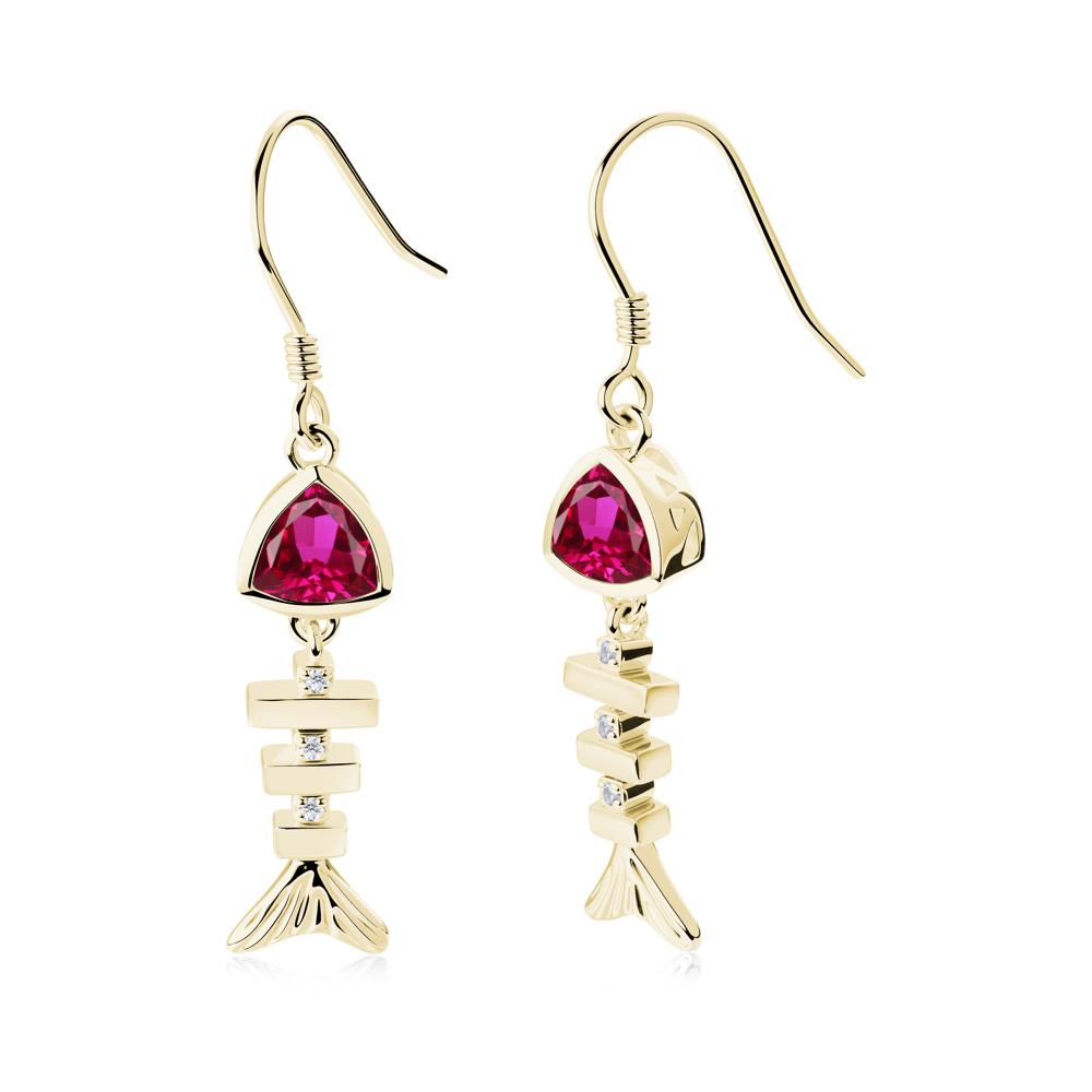 Movable Fishbone Ruby Fish Hook Earrings - LUO Jewelry #metal_18k yellow gold