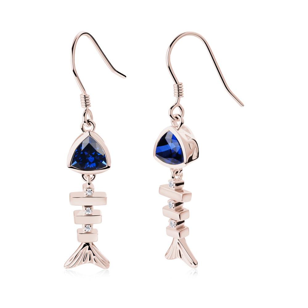 Bezel Trillion Cut Sapphire Fishbone Dangle Earrings - LUO Jewelry #metal_14k rose gold