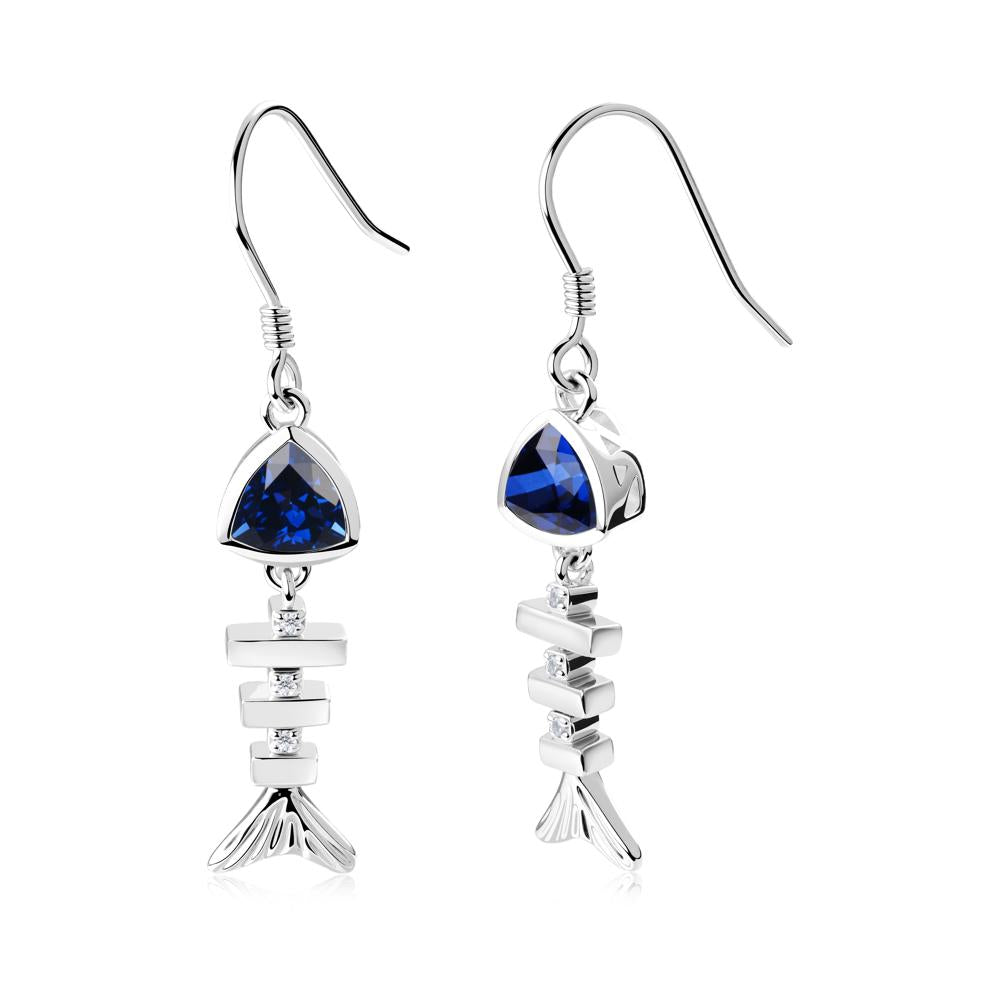 Bezel Trillion Cut Sapphire Fishbone Dangle Earrings - LUO Jewelry #metal_18k white gold