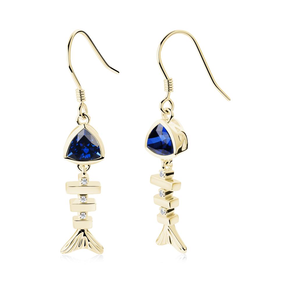 Bezel Trillion Cut Sapphire Fishbone Dangle Earrings - LUO Jewelry #metal_18k yellow gold
