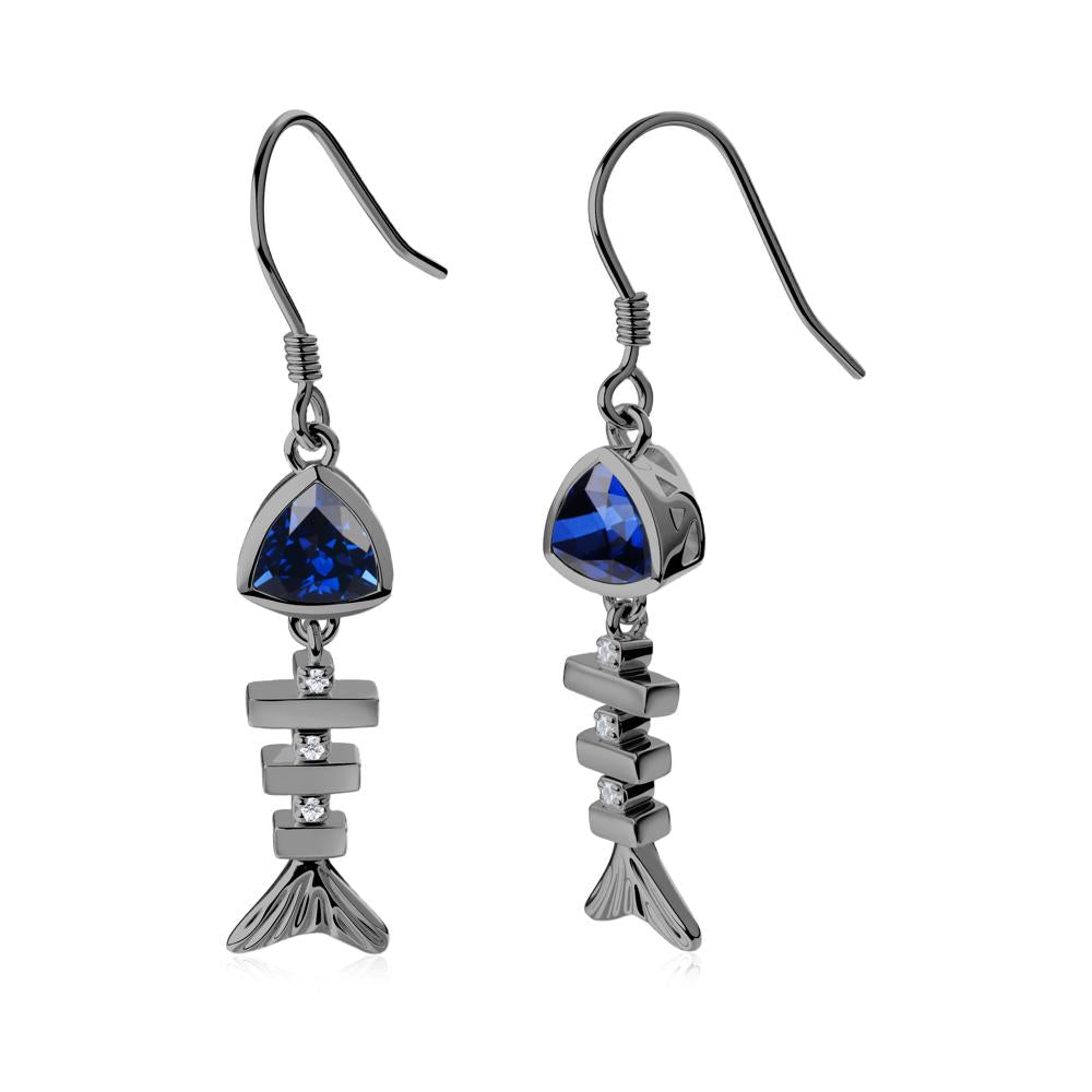 Bezel Trillion Cut Sapphire Fishbone Dangle Earrings - LUO Jewelry #metal_black finish sterling silver