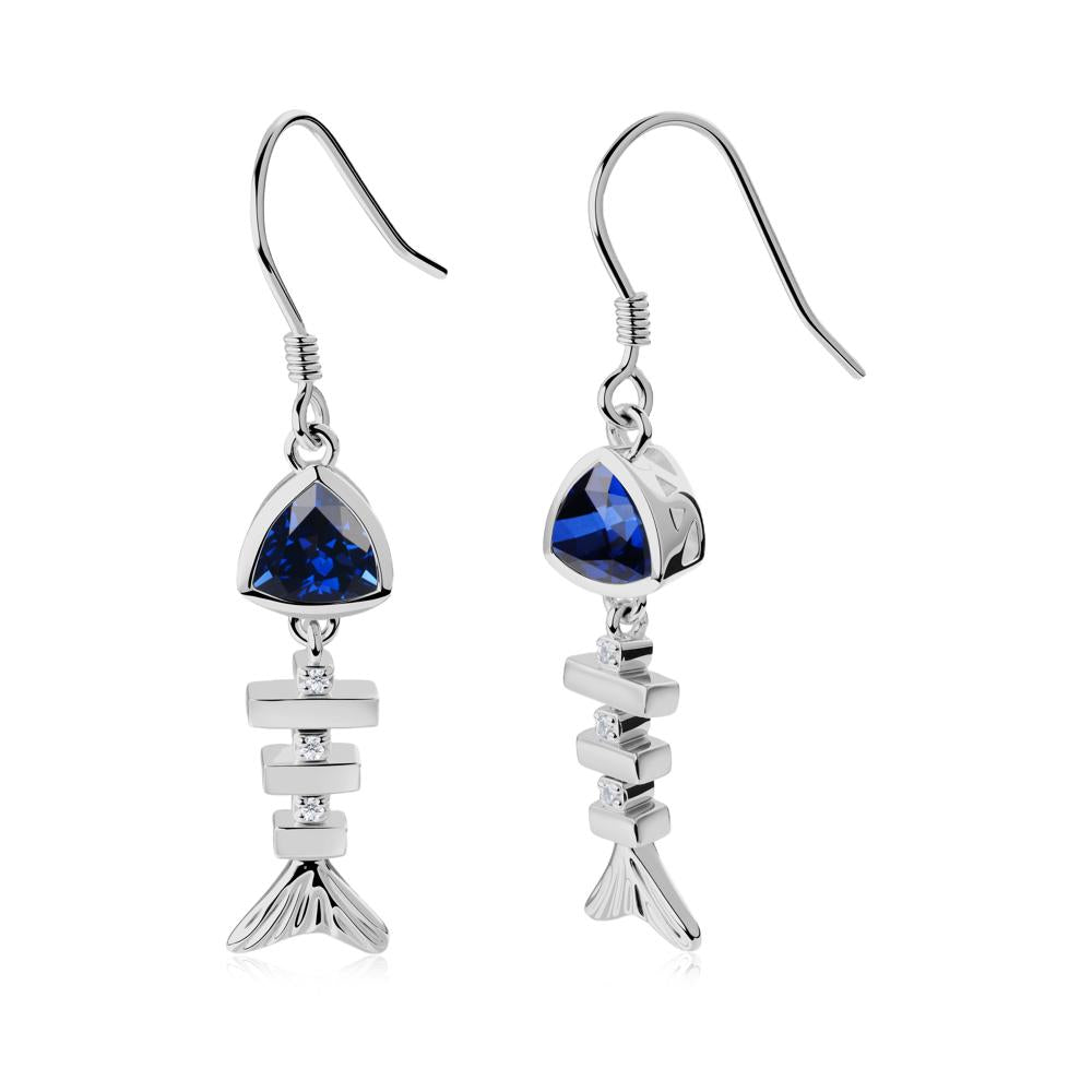 Bezel Trillion Cut Sapphire Fishbone Dangle Earrings - LUO Jewelry #metal_platinum