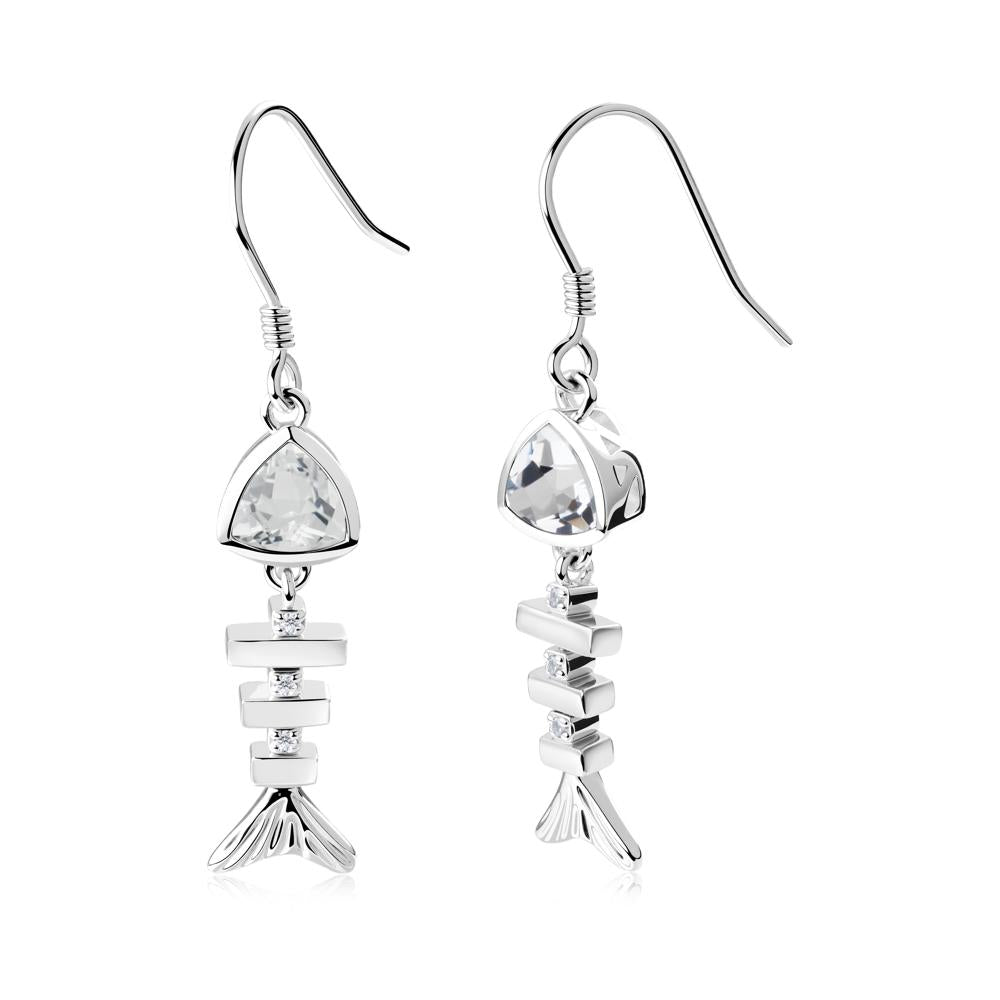 Movable Fishbone White Topaz Fish Hook Earrings - LUO Jewelry #metal_18k white gold